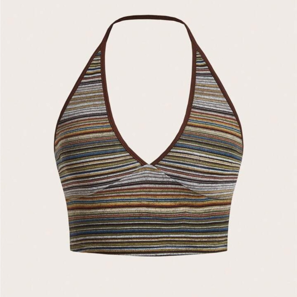 Romwe Multicolor Hippie Striped Halter Crop Top Size M